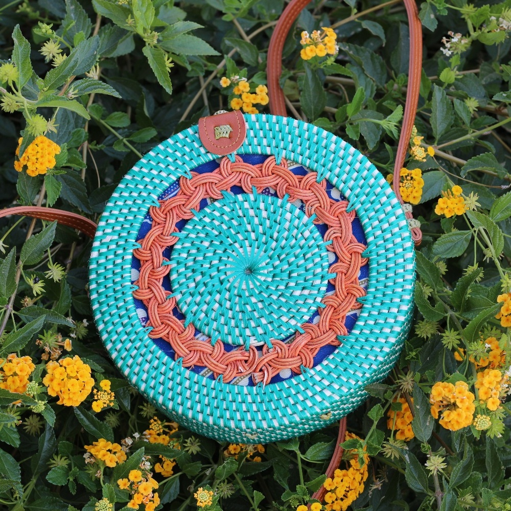 Balinese Ata Rattan Green Round Bag, Crossbody